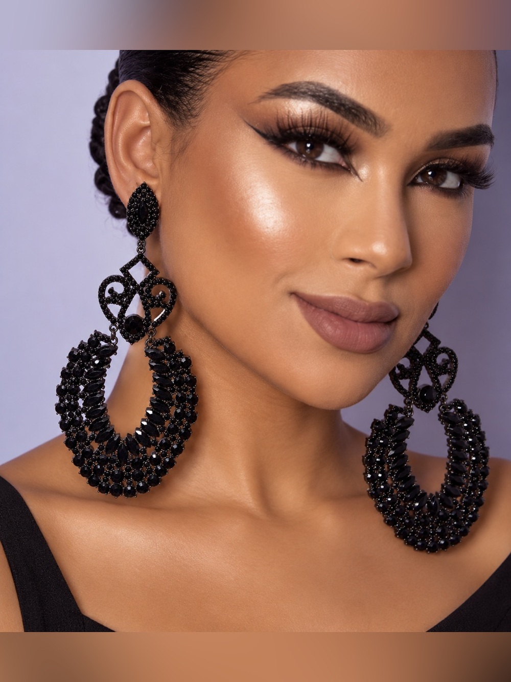 Black Rhinestone Chandelier Dangle Statement Earrings